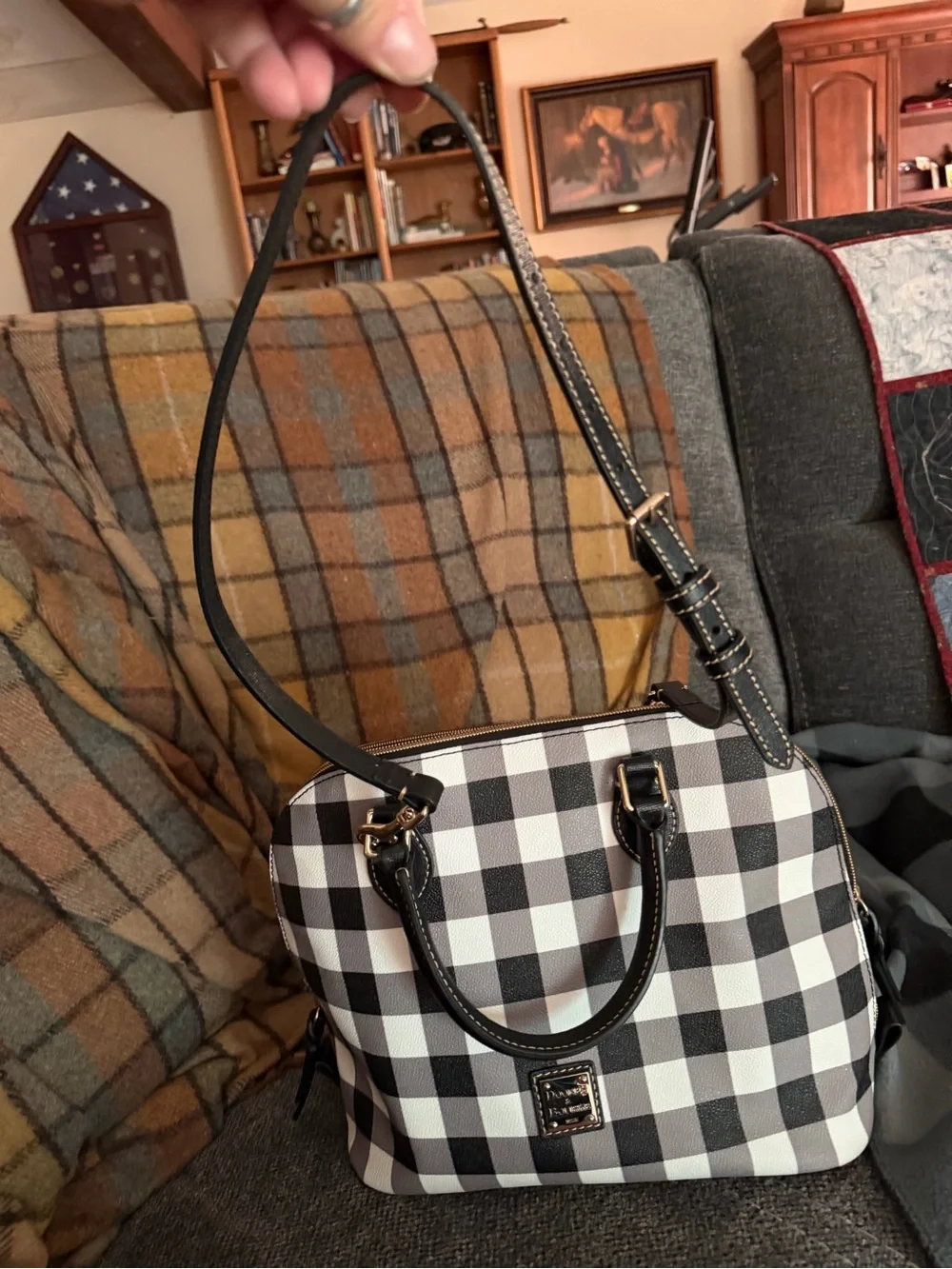 Dooney & Bourke Black and White Gingham Dome Satchel with Gold Hardware